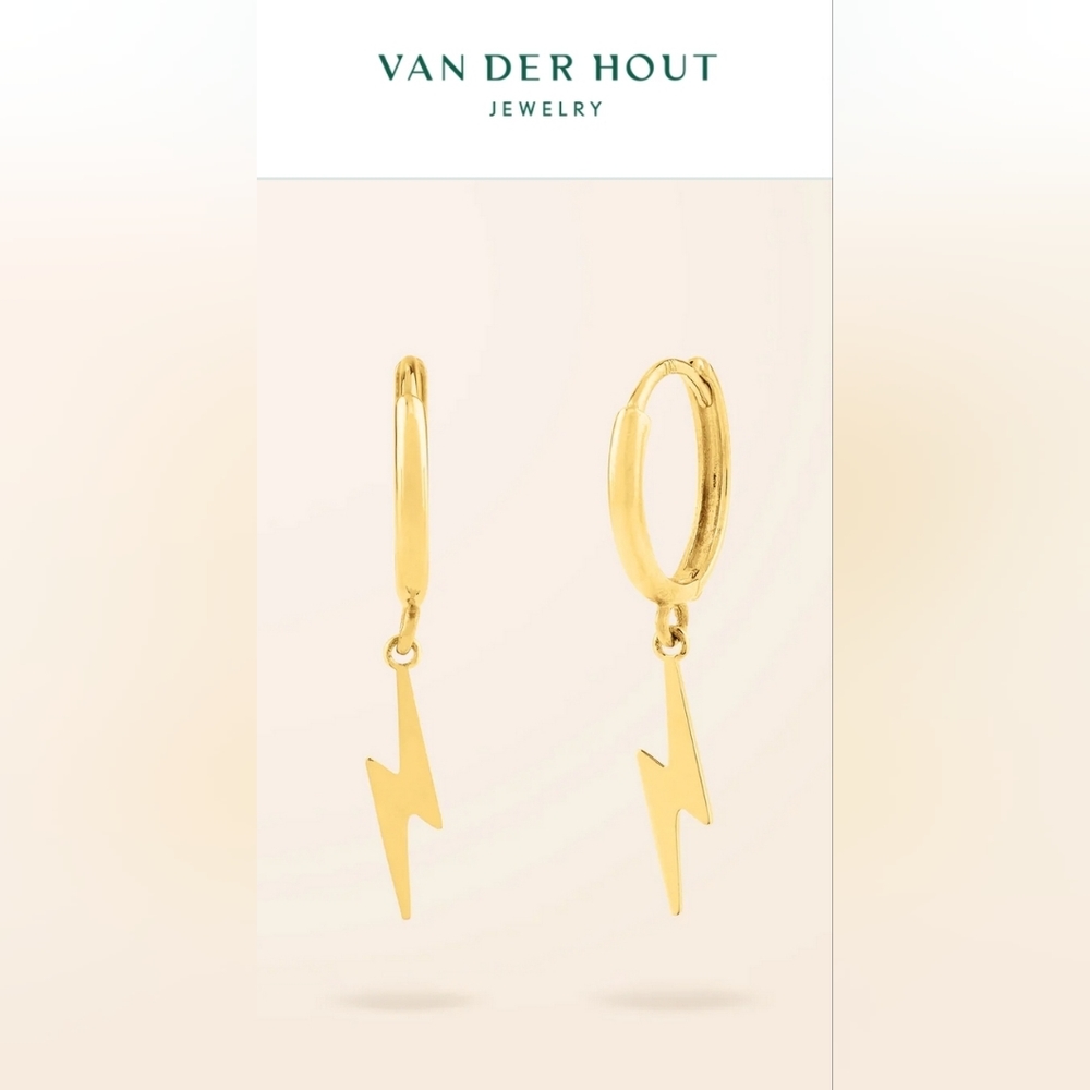 Brand New Van Der Hout 10K Gold Lightning Bolt Huggie Earrings